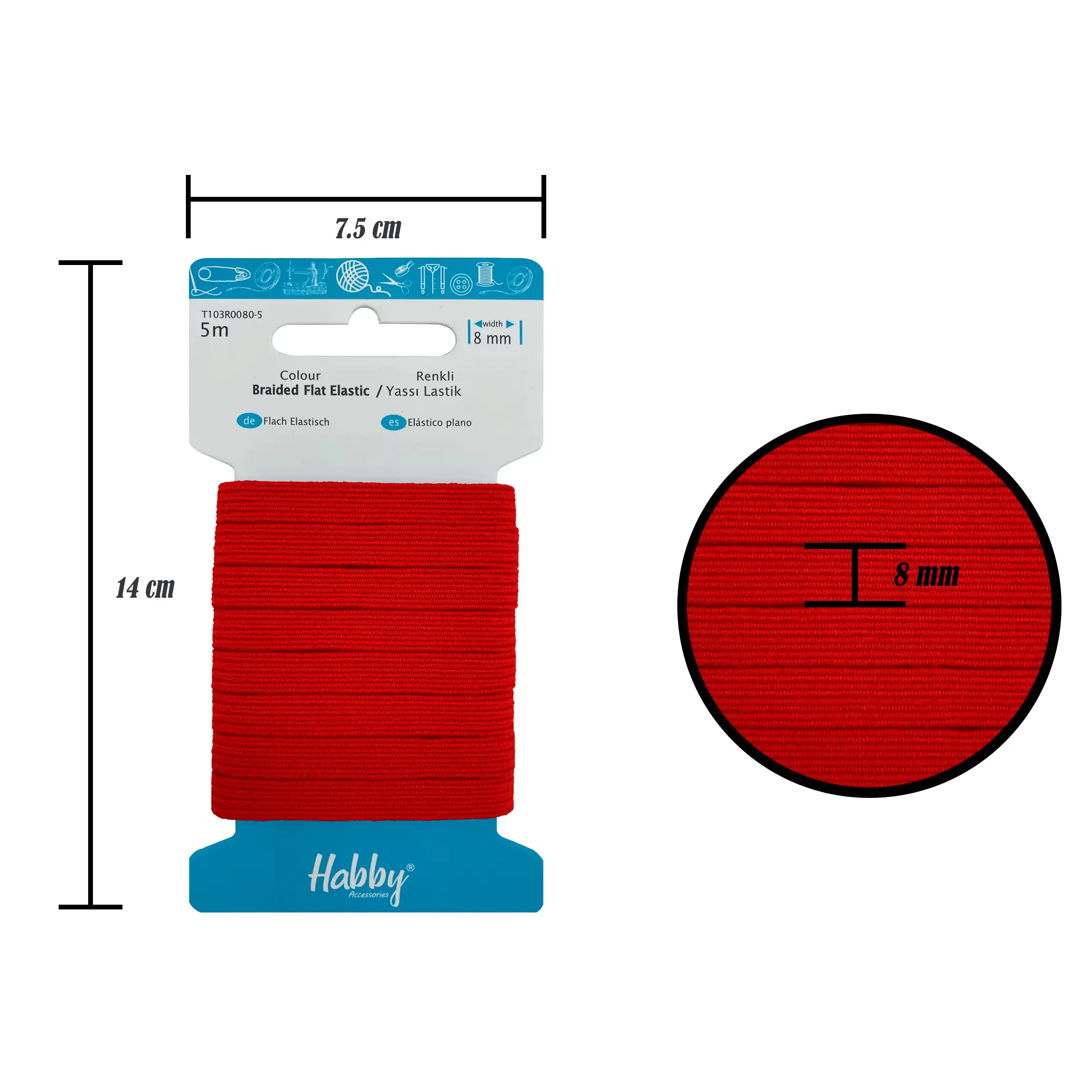 8mm Flat Elastic Red 5m
